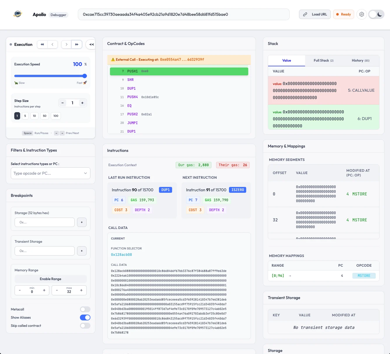 Apollo debugger: opcode-level replay of an EVM transaction
